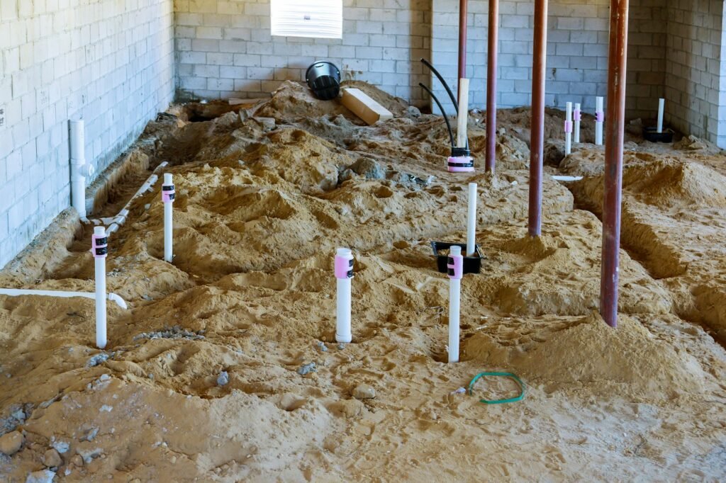 Assembling system of sanitary pvc sewage pipes in the ground basement
